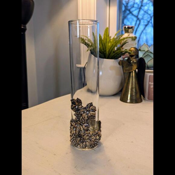 Arthur Court Other - 7.5” Arthur Court Vintage Rabbit Bunny Lillies Metal Glass Bud Vase